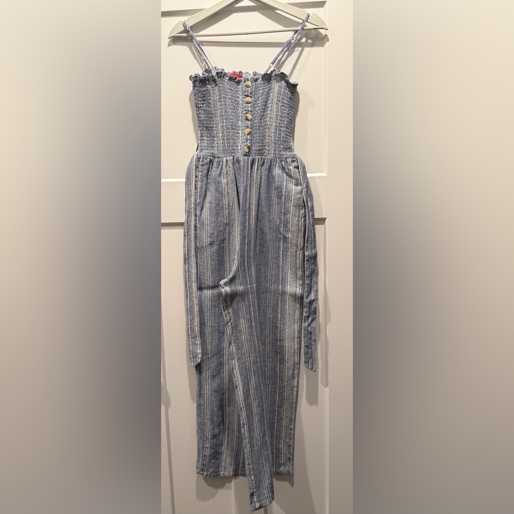 GUESS Blue and White Striped Smocked Button Jumpsuit | Tie at Waist